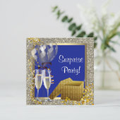 Invitation Champagne Confetti Marine Blue Gold Surprise Party (Debout devant)