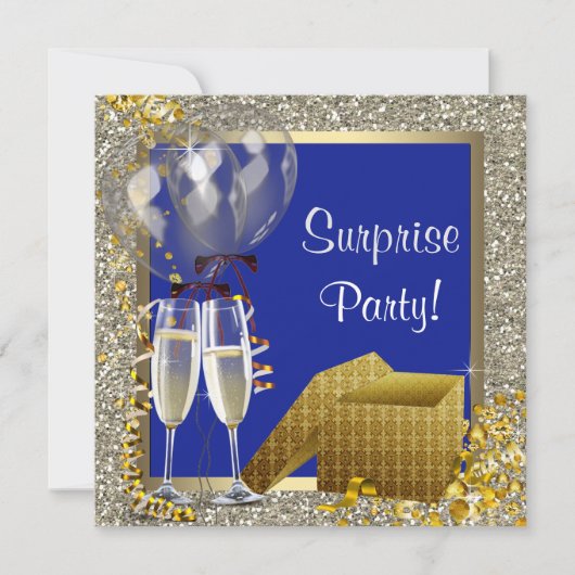 Invitation Champagne Confetti Marine Blue Gold Surprise Party (Devant)