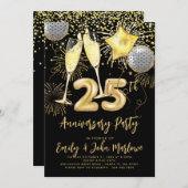 Invitation Champagne Confetti Pailleté Or 25e Anniversaire (Devant / Derrière)