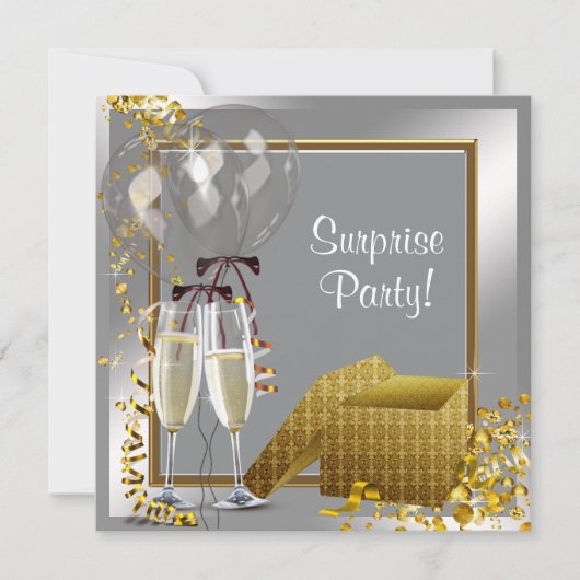 Invitation Champagne Confetti Silver et Gold Surprise Party (Devant)