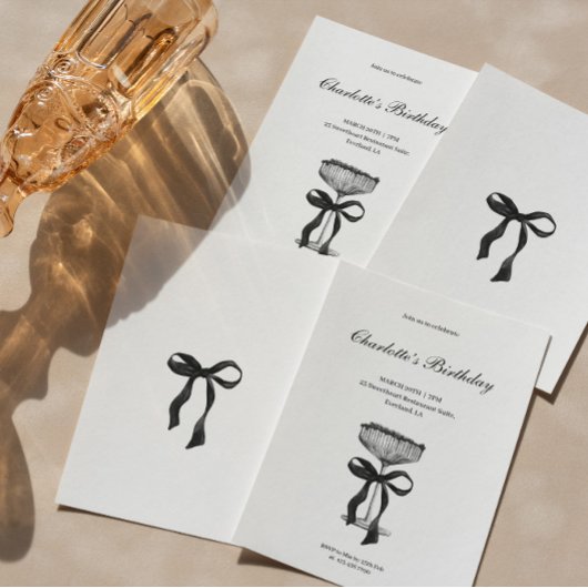 Invitation Champagne coupe Black Bow Birthday Party Invite