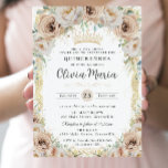 Invitation Champagne Crème Beige Floral Vintage Quinceañera<br><div class="desc">Personnalisez cette élégante Quinceañera florale de champagne / Sweet 16 anniversaire invitation facilement et rapidement. Cliquez simplement sur le bouton customiser pour modifier les textes, modifier les polices et les couleurs des polices. Doté de belles fleurs de champagne aquarelle et d'une couronne de princesse de champagne or. Objets correspondants disponibles...</div>