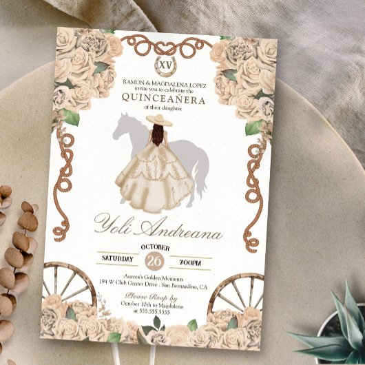Invitation Champagne Crème Rose blanche Charro Quinceanera