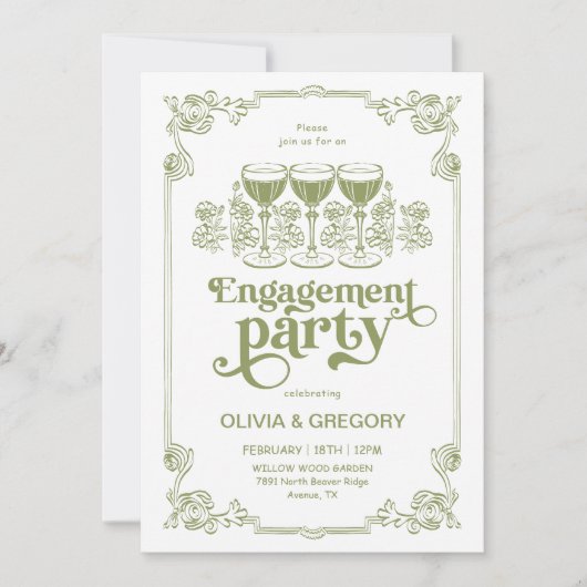 Invitation Champagne d'allumage vert olive Partie d'engagemen (Devant)