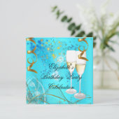 Invitation Champagne d'anniversaire turquoise Blue Gold (Debout devant)