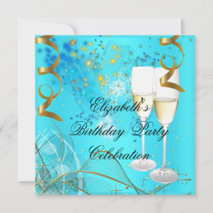 Invitation Champagne d'anniversaire turquoise Blue Gold