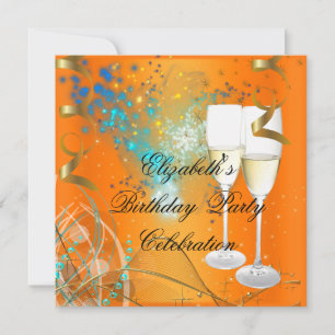 Invitation Champagne de fête d'anniversaire bleu orange or