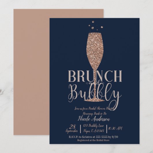 Invitation Champagne de la Marine rose Bubbly Bridal Brunch (Devant / Derrière)
