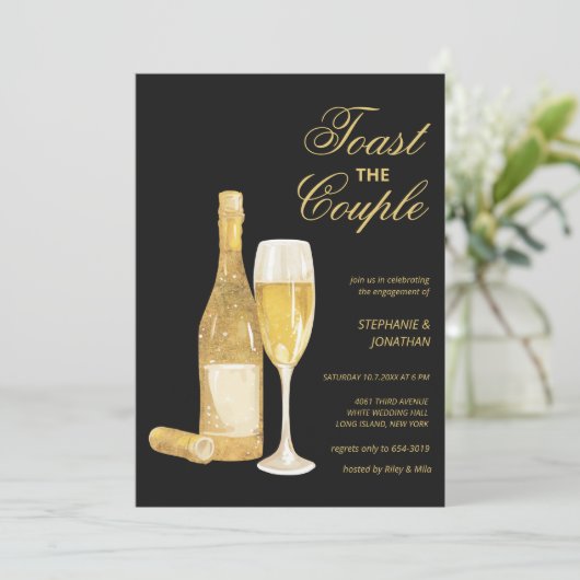 Invitation Champagne de luxe en or noir toast Engagement Part (Debout devant)