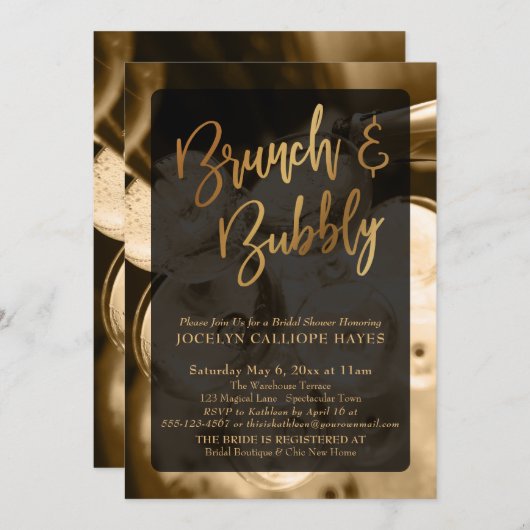 Invitation Champagne d'or Brunch & Bubbly écriture à la main (Devant / Derrière)