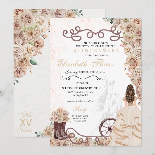 Invitation Champagne d'or Western Princess Charro Quinceañera (Devant / Derrière)