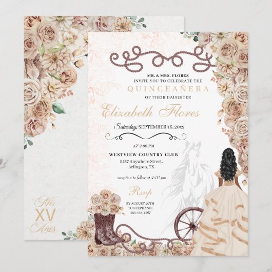 Invitation Champagne d'or Western Princess Charro Quinceañera (Devant / Derrière)