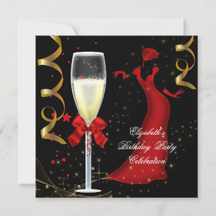 Invitation Champagne élégant rouge or noir fête d'anniversair