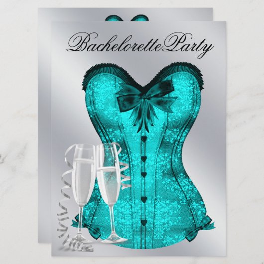 Invitation Champagne et Bachelorette Turquoise Blue Corset (Devant / Derrière)