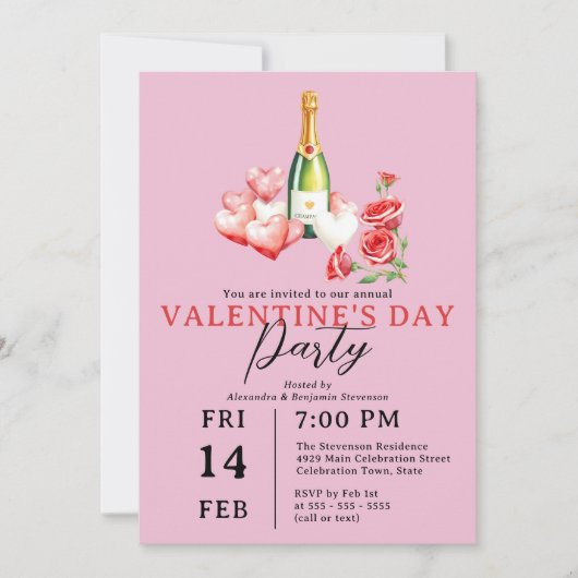 Invitation Champagne et Coeurs rose Saint Valentin (Devant)