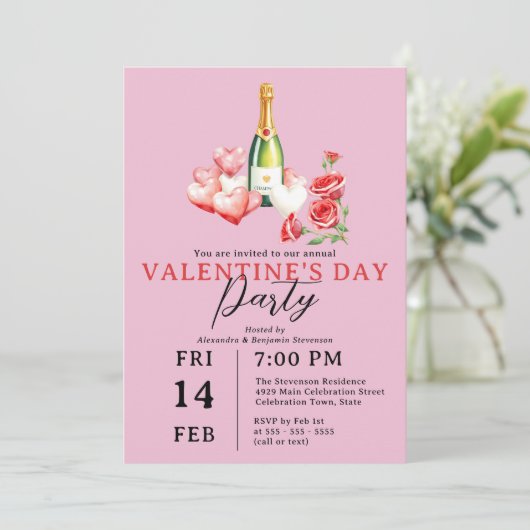 Invitation Champagne et Coeurs rose Saint Valentin (Debout devant)