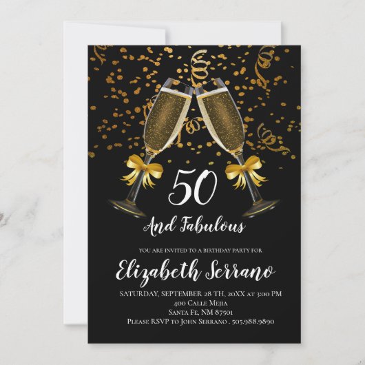 Invitation Champagne Et Confetti Black Gold 50e anniversaire (Devant)