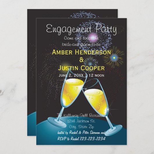 Invitation Champagne et feux d'artifice - Partie d'engagement (Devant / Derrière)