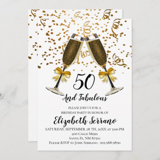 Invitation Champagne Et Gold Confetti Blanc 50e Anniversaire (Devant / Derrière)