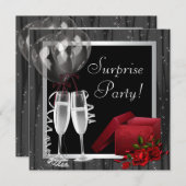 Invitation Champagne Étincelle Black White Surprise Party (Devant / Derrière)