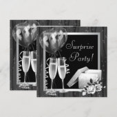 Invitation Champagne Étincelle Black White Surprise Party (Devant / Derrière)