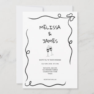Invitation Champagne Fantaisiste Mariage Dessiné à la Main