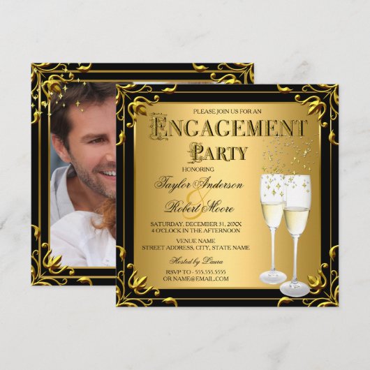 Invitation Champagne Faux Gold Black Engagement Photo (Devant / Derrière)