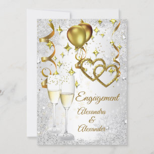 Invitation Champagne fiançailles coeur or argent