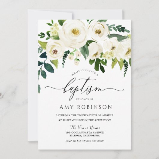 Invitation Champagne Fleurs blanches Élégant Baptême (Devant)