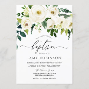 Invitation Champagne Fleurs blanches Élégant Baptême