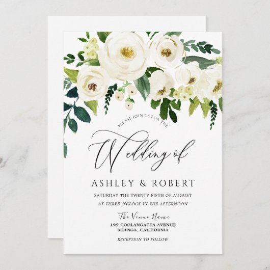 Invitation Champagne Fleurs blanches Elégant Mariage de print (Devant / Derrière)