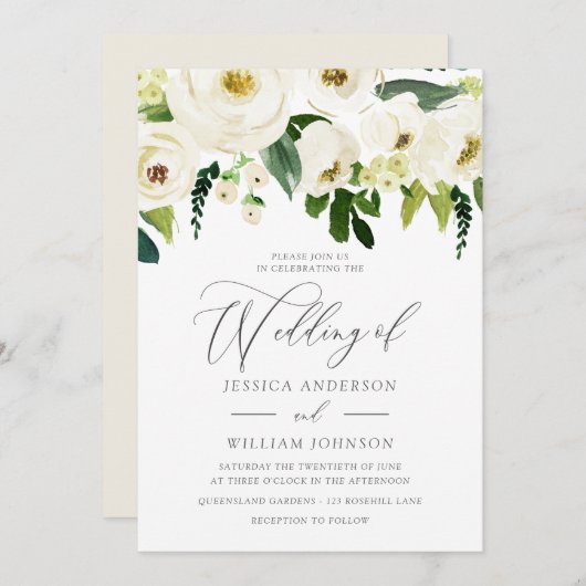 Invitation Champagne Fleurs blanches Mariage Suprême Élégant (Devant / Derrière)