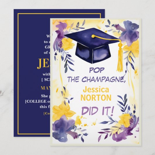 Invitation 🎓Champagne Fleurs de remise de diplômes (Devant / Derrière)