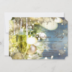 Invitation Champagne Flocons de Neige en Or , Noël d'entrepri