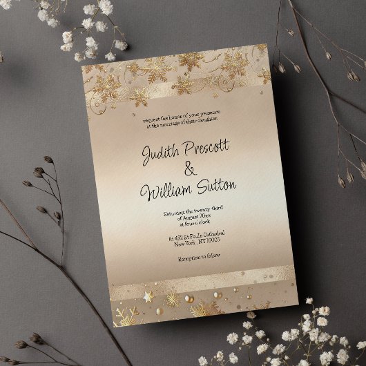 Invitation Champagne Flocons Dorés Luxe Mariage