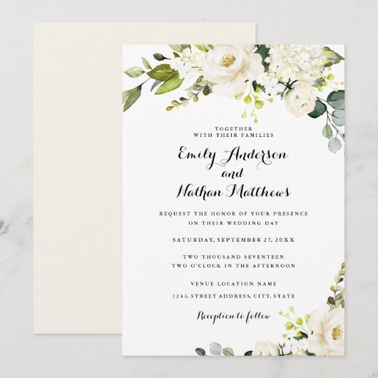 Invitation Champagne Floral Blanc Rustique Mariage (Devant / Derrière)