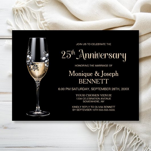 Invitation Champagne Glass Floral 25th Wedding Anniversary