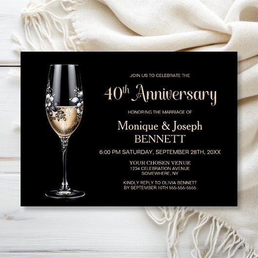 Invitation Champagne Glass Floral 40th Wedding Anniversary