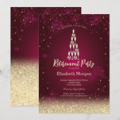 Invitation Champagne Glass Gold Bokeh Rose Red Retirement (Devant / Derrière)