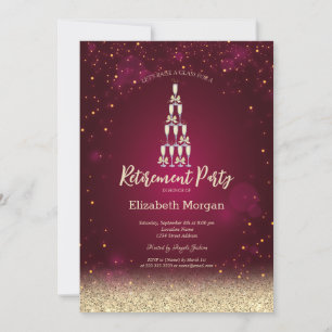 Invitation Champagne Glass Gold Bokeh Rose Red Retirement