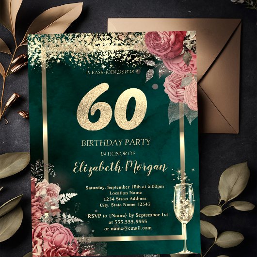 Invitation Champagne Glass Gold Confetti Floral Green 60th 