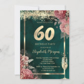 Invitation Champagne Glass Gold Confetti Floral Green 60th  (Devant)