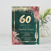 Invitation Champagne Glass Gold Confetti Floral Green 60th  (Debout devant)