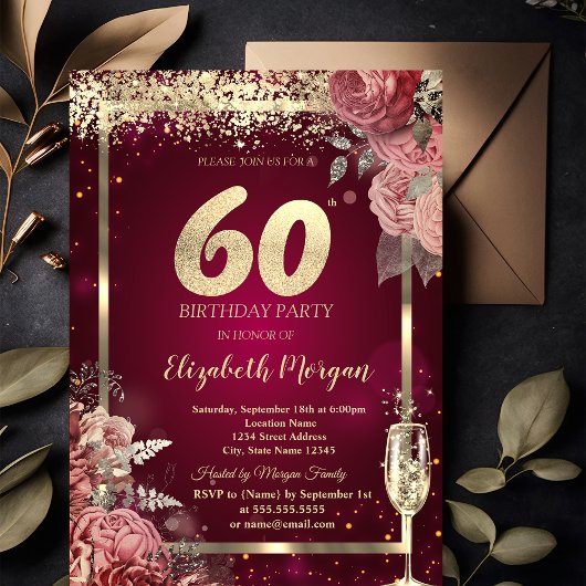 Invitation Champagne Glass Gold Confetti Floral Red 60th 