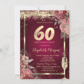 Invitation Champagne Glass Gold Confetti Floral Red 60th  (Devant)