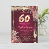 Invitation Champagne Glass Gold Confetti Floral Red 60th  (Debout devant)
