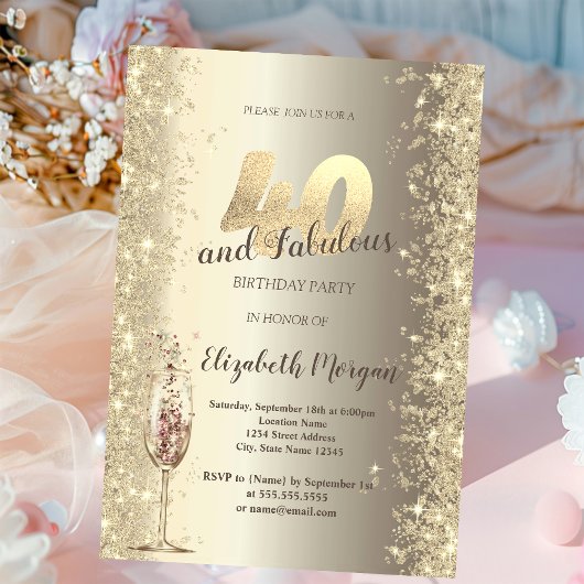 Invitation Champagne Glass Gold Confetti Frame 40e anniversai