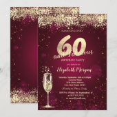 Invitation Champagne Glass Gold Confetti Red 60th Birthday (Devant / Derrière)