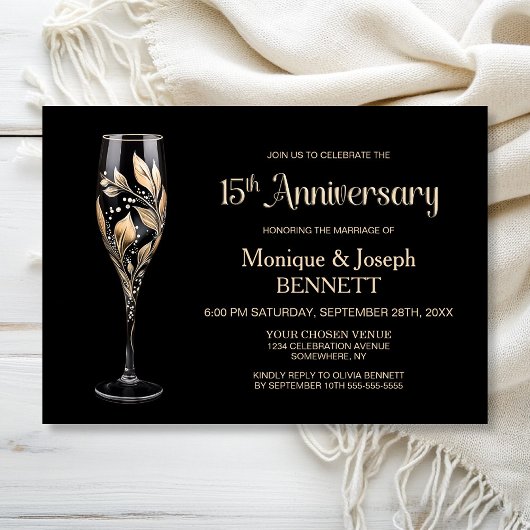 Invitation Champagne Glass Gold Leaf 15th Wedding Anniversary