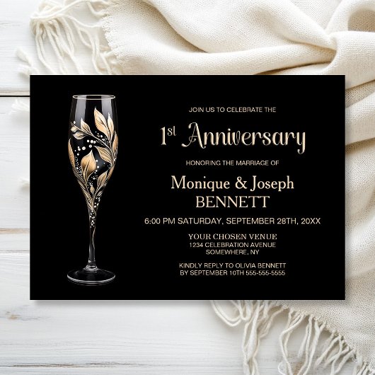 Invitation Champagne Glass Gold Leaf 1st Wedding Anniversary